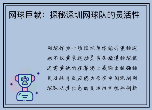 网球巨献：探秘深圳网球队的灵活性