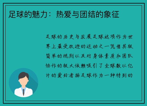 足球的魅力：热爱与团结的象征