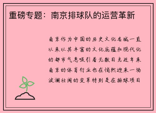 重磅专题：南京排球队的运营革新