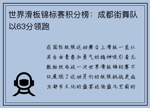 世界滑板锦标赛积分榜：成都街舞队以63分领跑