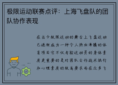 极限运动联赛点评：上海飞盘队的团队协作表现