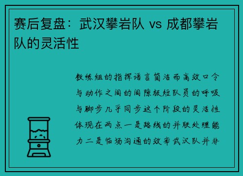 赛后复盘：武汉攀岩队 vs 成都攀岩队的灵活性