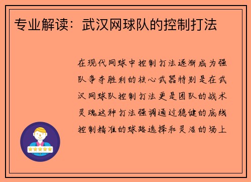 专业解读：武汉网球队的控制打法